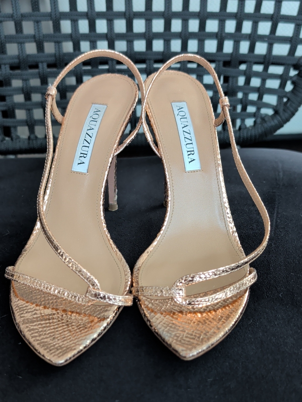 Aquazzura Metallic Rose Gold Strappy Slingback Heels, Size 36